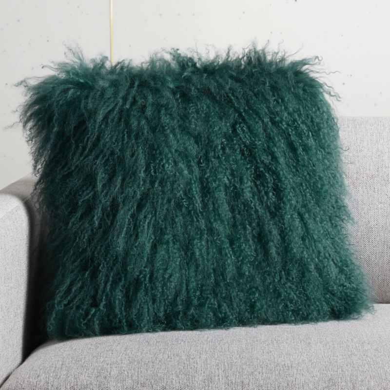 16" Teal Mongolian Sheepskin Pillow with Feather-Down Insert | CB2 | CB2