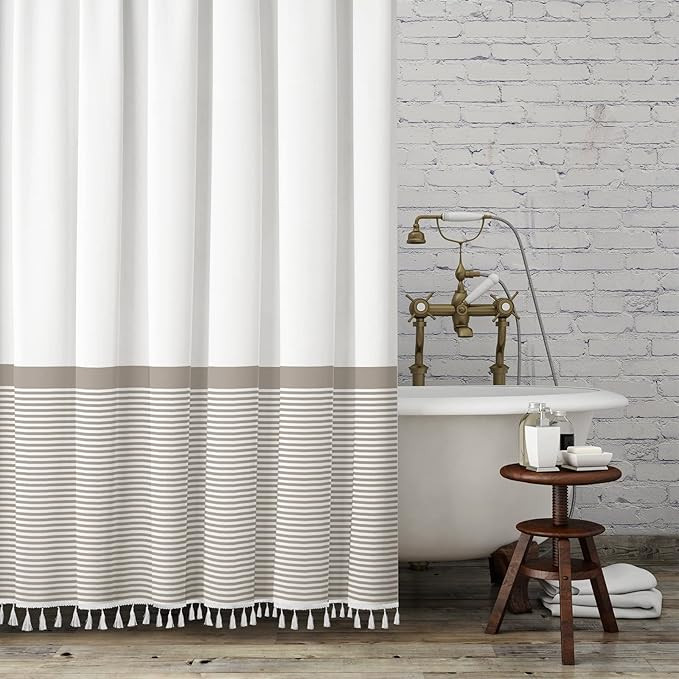 Tassel Fabric Shower Curtain, 96 Inch Extra Long Taupe Striped Bathroom Shower Curtain with Tasse... | Amazon (CA)