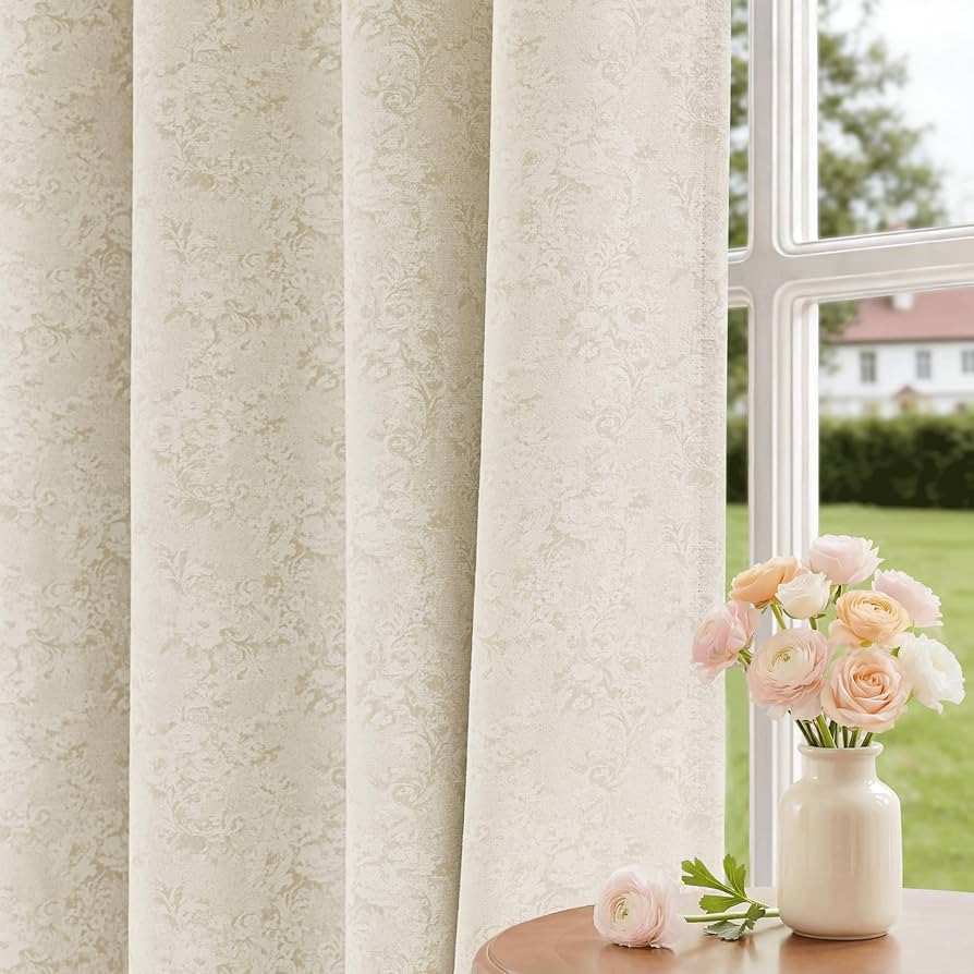 Light Beige Floral Jacquard Blackout Curtains 84 Inches Long for Living Room Bedroom Cream Chenil... | Amazon (US)