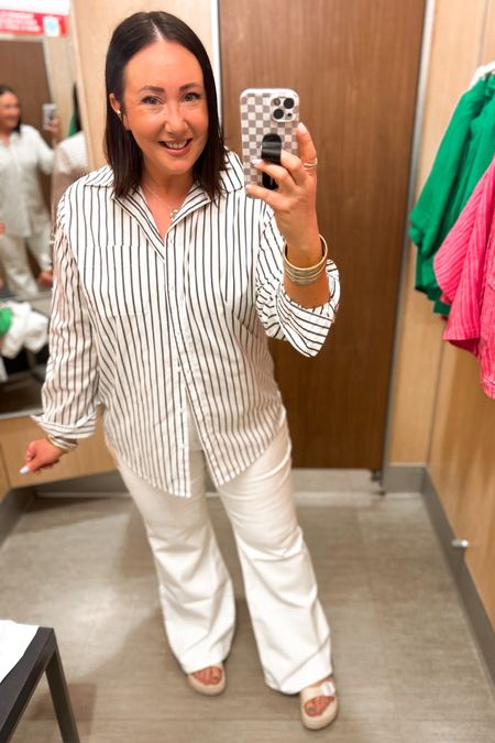 New boyfriend style button down top at Target!

Size large. 
Size 16 jeans. Tight around the waist. Run small. 
Sandals fit tts  

#LTKover40 #LTKSeasonal #LTKmidsize