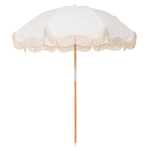 Business & Pleasure Co. Rio Fringe Umbrella For Beach, Patio or Picnic - 6' Boho Beach Umbrella, White Fringe, 7' Tall Wood Pole, UPF 50+, Antique White | Amazon (US)