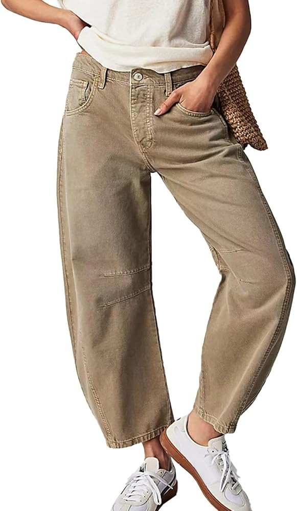 Women's Baggy Wide Leg Jeans Barrel Horseshoe Boyfriend Cropped Raw Hem Denim Pants Trendy Vintag... | Amazon (US)