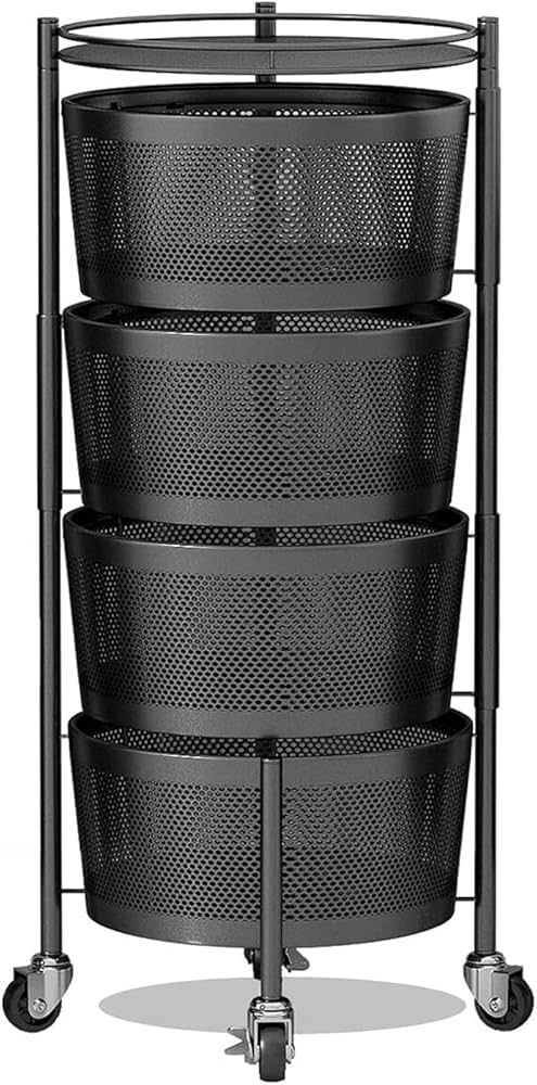 Flesser Rotating Storage Shelf Round Baskets Rack 4 Tier Metal Strong Rolling Cart with Wheels Wi... | Amazon (US)