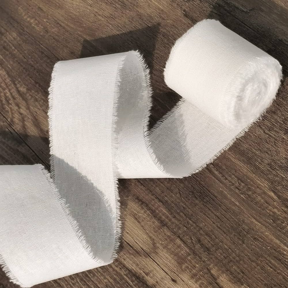 White Cotton Linen Fabrics Ribbon 1.5'' x 5 Yards Handmade Frayed Edges Fringe Ribbons Set for Ru... | Amazon (US)