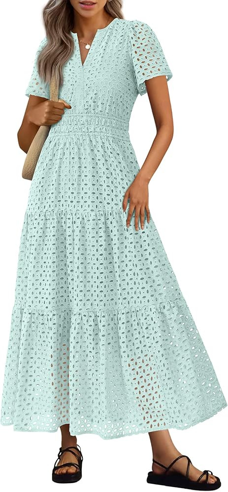 PRETTYGARDEN Womens 2026 Summer Maxi Dress Short Sleeve V Neck Hollow Out Eyelet A Line Long Flow... | Amazon (US)