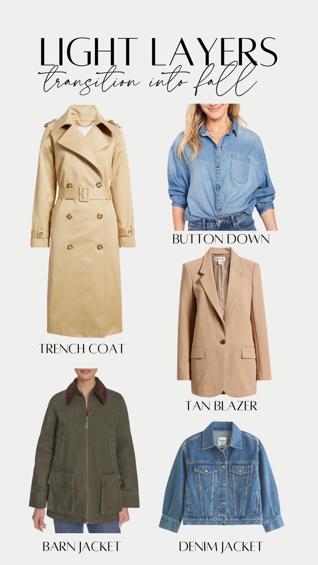 Chic Trend Alert: Transitional Light Jackets that you can Wear Now and also Wear Into Fall & Winter! Lots of neutrals and warm cozies. Tan mid length button down belted trench coat. Long sleeve denim chambray button down shirt. Oversized tan one button long blazer. Oversized Levi's barn jacket with 4 pockets and corduroy collar. Tailored denim jacket. Perfect jackets for fall vacation & resort outfits. Work outfits.  

#LTKStyleTip #LTKSeasonal #LTKSaleAlert