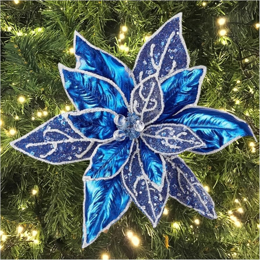 Blue Metallic Iced Poinsettia Stems Set of 2 by Factory Direct Craft for Tree Decorating and Chri... | Amazon (US)
