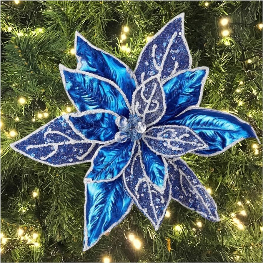 Blue Metallic Iced Poinsettia Stems Set of 2 by Factory Direct Craft for Tree Decorating and Chri... | Amazon (US)