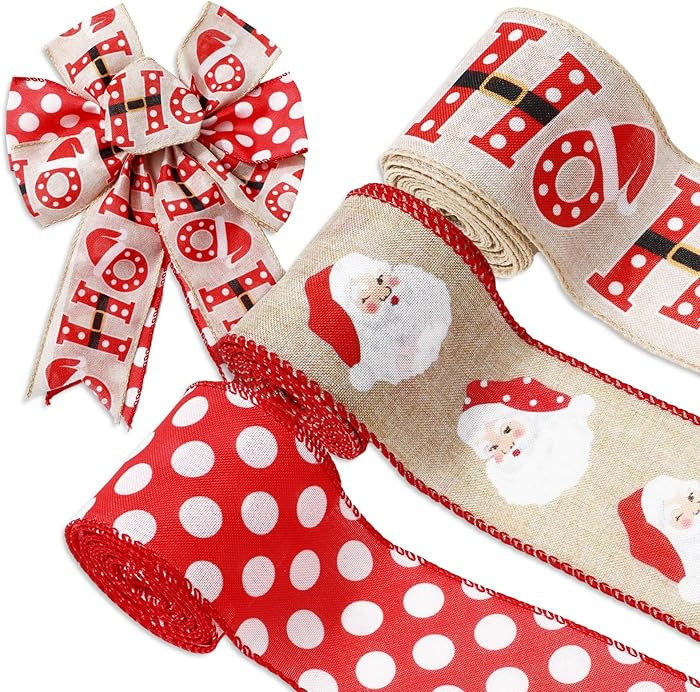 3 Rolls Christmas Wired Edge Ribbon Dots Santa Claus Fabric Craft Ribbon for Bow Wreath Gift Wrap... | Amazon (US)