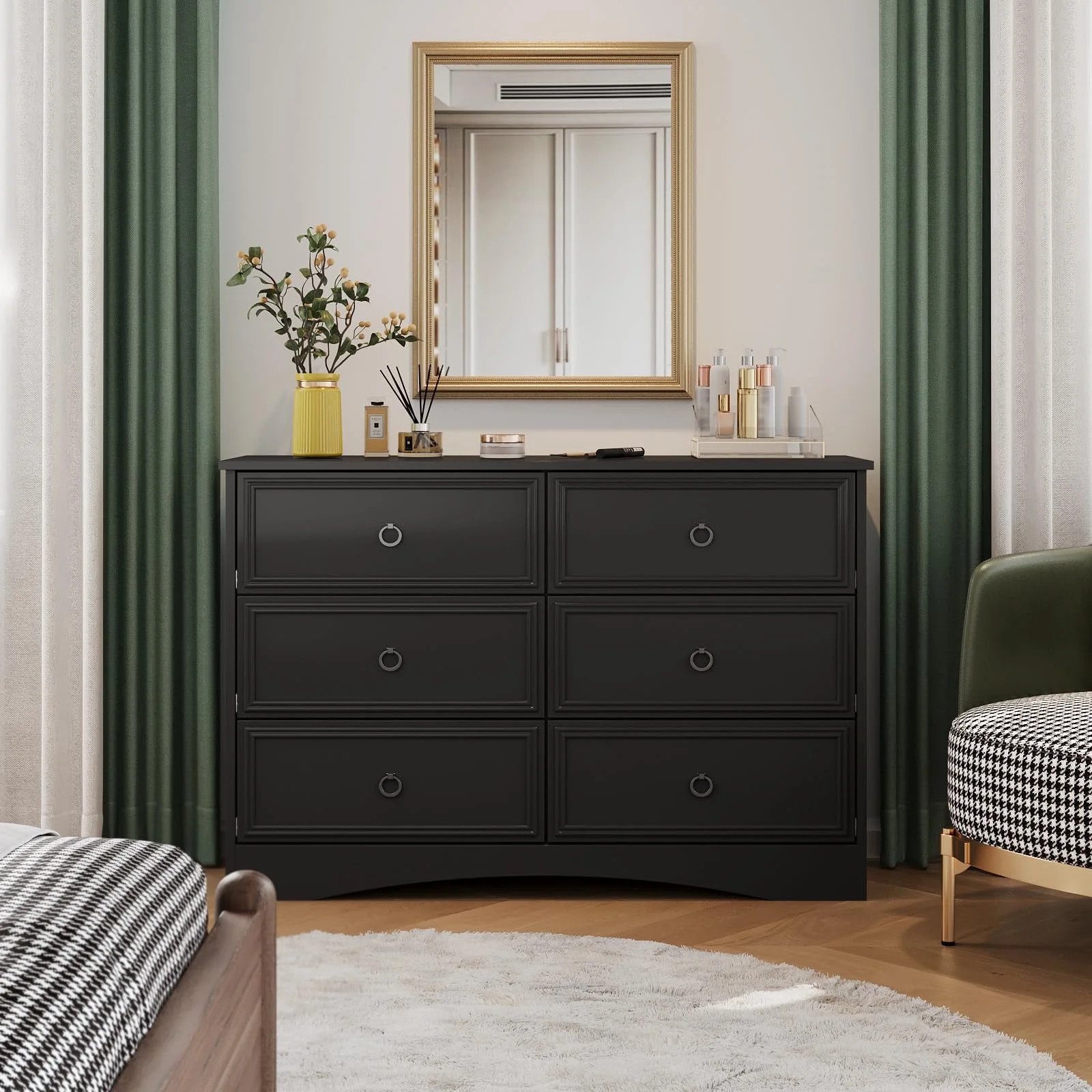 Black Dresser for Bedroom, Modern Farmhouse Wide 6 Drawer Dresser, Chest of Drawers for Living Ro... | Walmart (US)