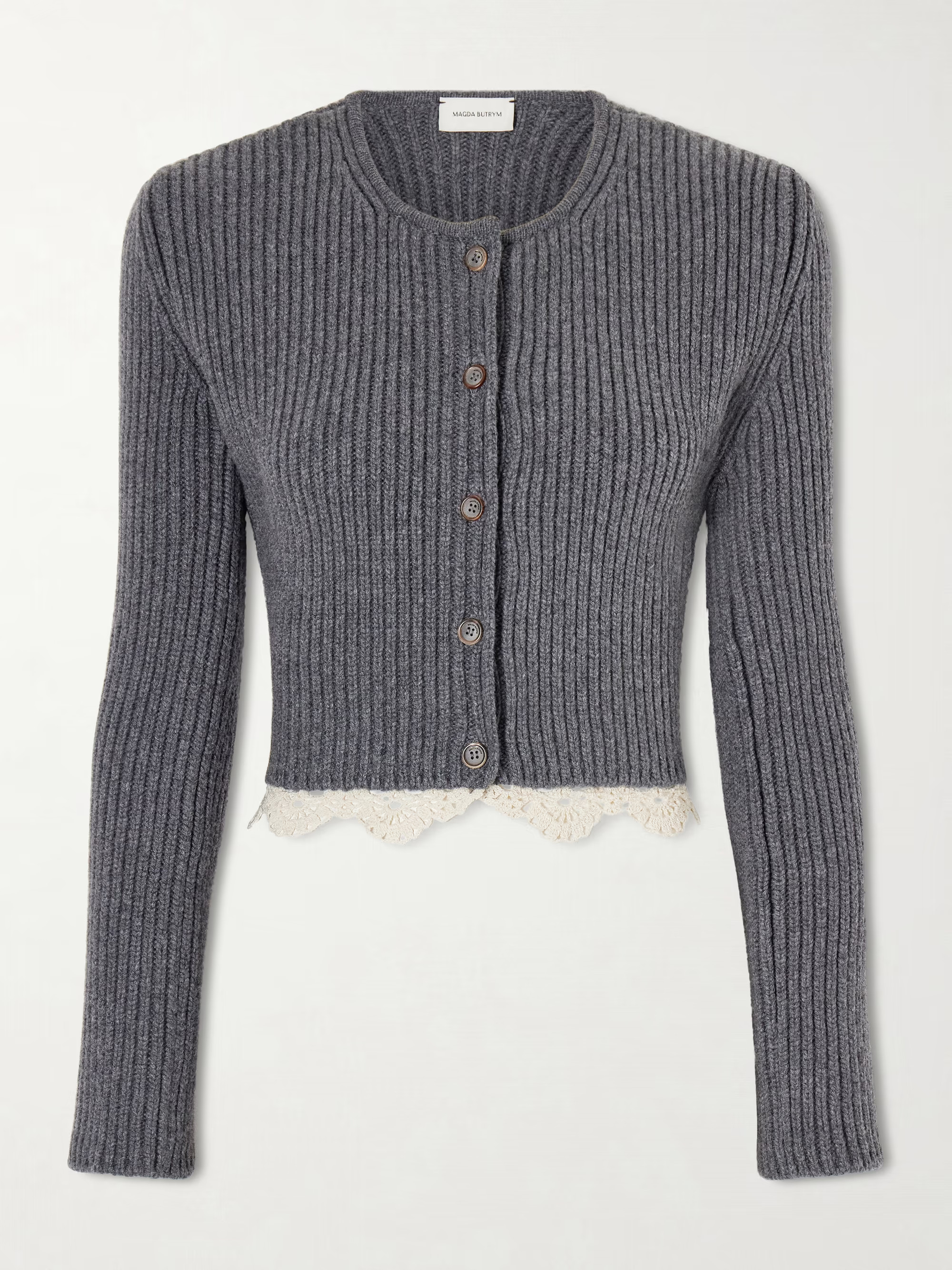 Cropped lace-trimmed ribbed wool cardigan | NET-A-PORTER (UK & EU)