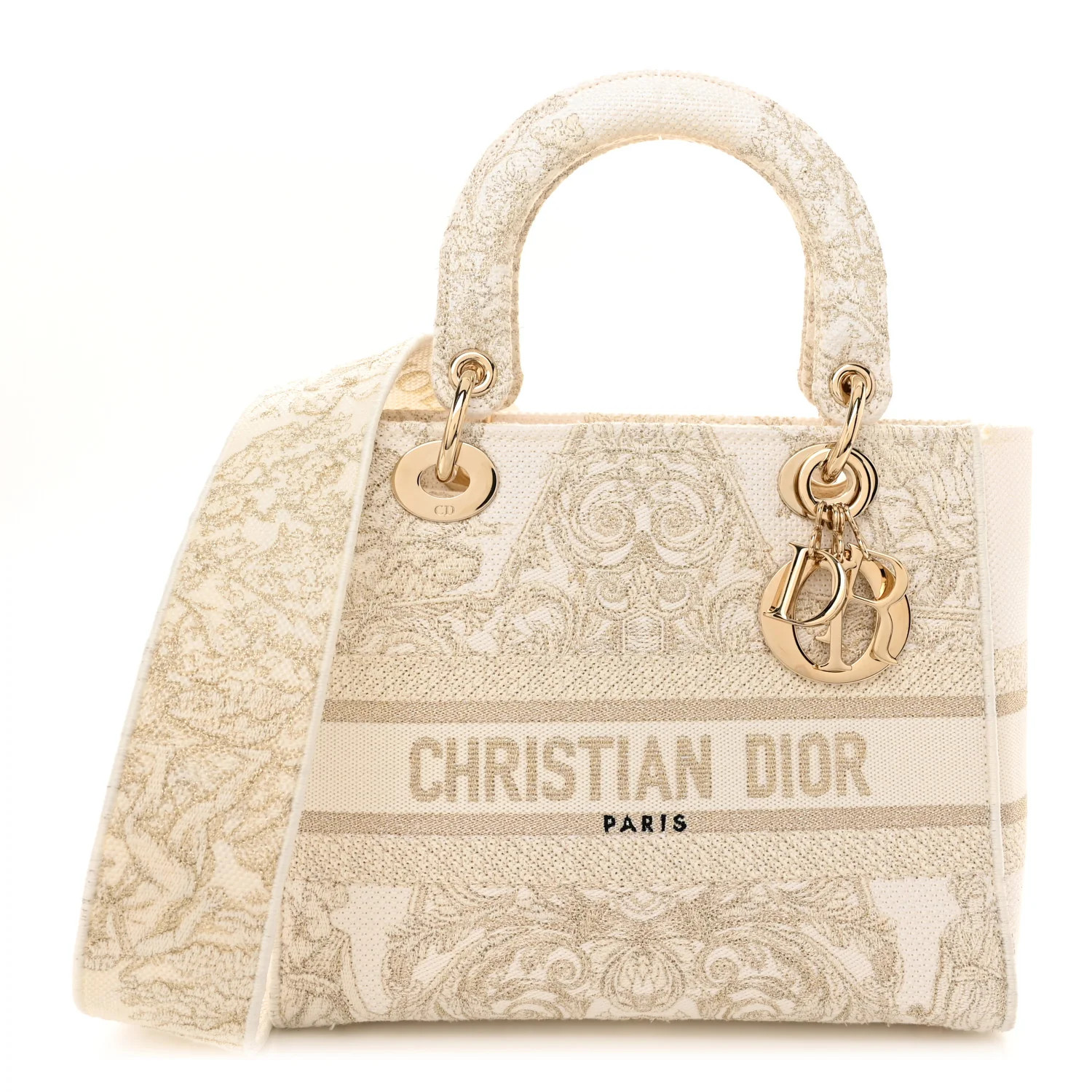 Canvas Around The World Stella Embroidered Medium Lady D-Lite White Gold | FASHIONPHILE (US)