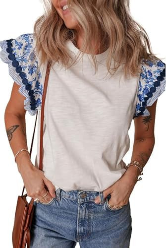 Ruffle Sleeve Tops for Women Bohemian Floral Trim Crewneck Tshirts Casual Loose Patchwork Cap Sle... | Amazon (US)