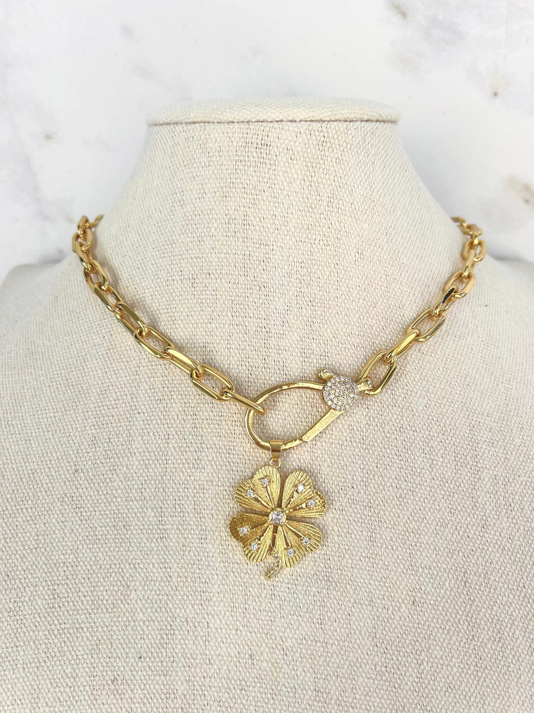 Gold Clover Charm Necklace Lucky Gold Charm Necklace Gold Extended Clip Custom Charm Necklace Clo... | Etsy (US)