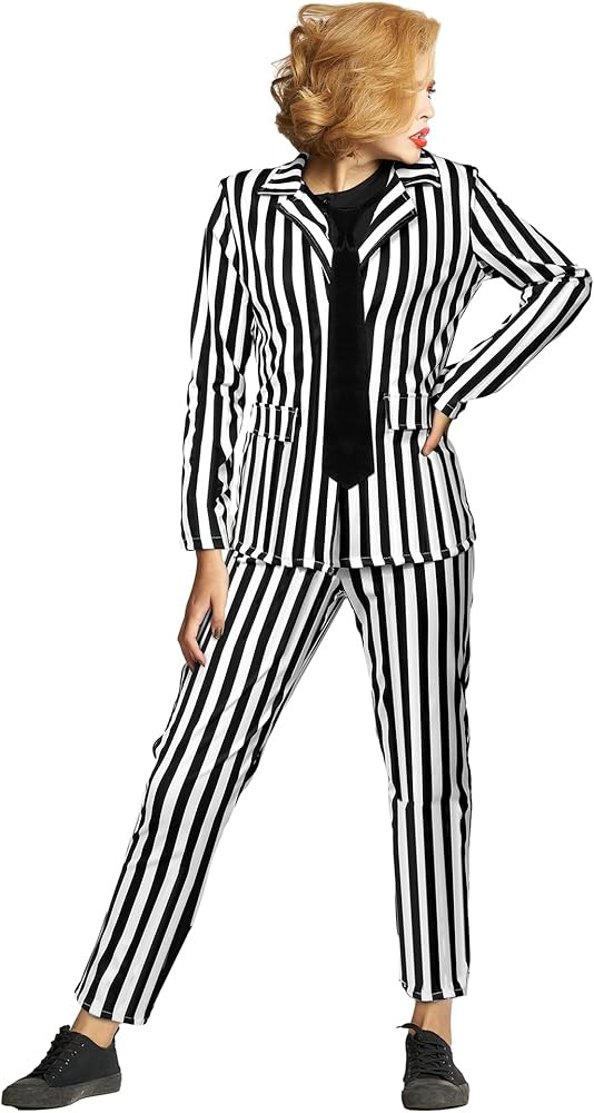 Women's Black and White Striped Suit Include Open Front Striped Blazer Leggings Length Pant with ... | Amazon (US)