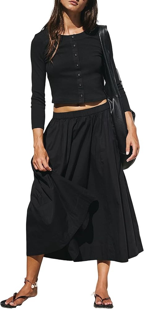 Womens Skirt Sets Long Sleeve Button Down Cardigan Elastic Waist Dress Midi Skirt Fashion Clothes | Amazon (US)