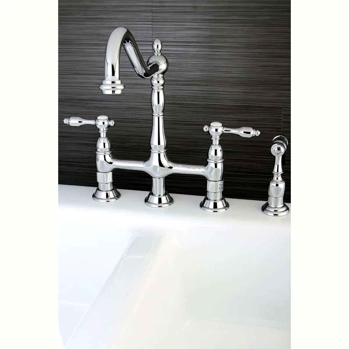 Kingston Brass Tudor Two-Handle 4-Hole Deck Mount Bridge Kitchen Faucet with Brass Side Sprayer K... | Wayfair North America