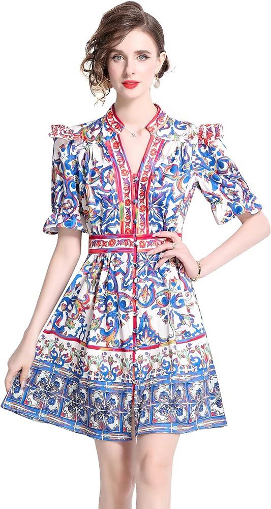 LAI MENG FIVE CATS Women's Button Up Short Puff Sleeve V-Neck Floral Print Split Casual Mini Dres... | Amazon (US)