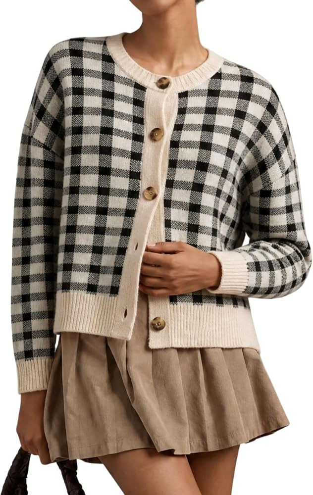 Daacee Women Plaid Cardigan Sweater Fall Button Front Knit Jackets | Amazon (US)