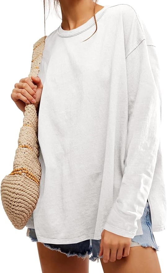 Womens Oversized Long Sleeve Shirts Crew Neck Casual Tops Loose Fit Side Slit Fall Tees | Amazon (US)