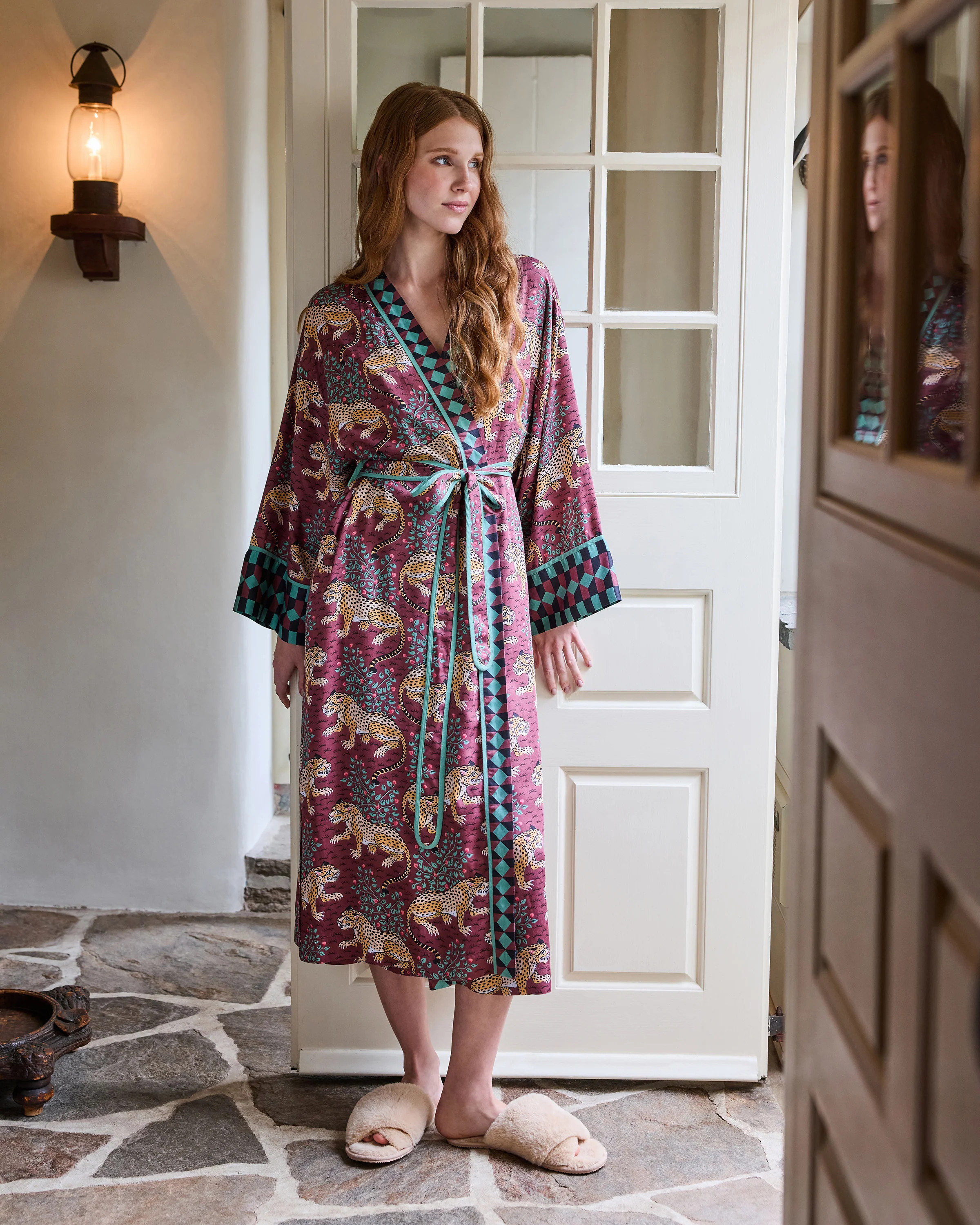 Eco Silky Robe in Leopard Bagheera | Women's XXS/XS | Purple | | Sleepwear | Printfresh