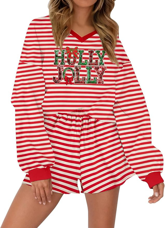 LUKYCILD Women 2 Piece Christmas Sets Striped Lounge Short Set V Neck Sweatshirt and Shorts with ... | Amazon (US)