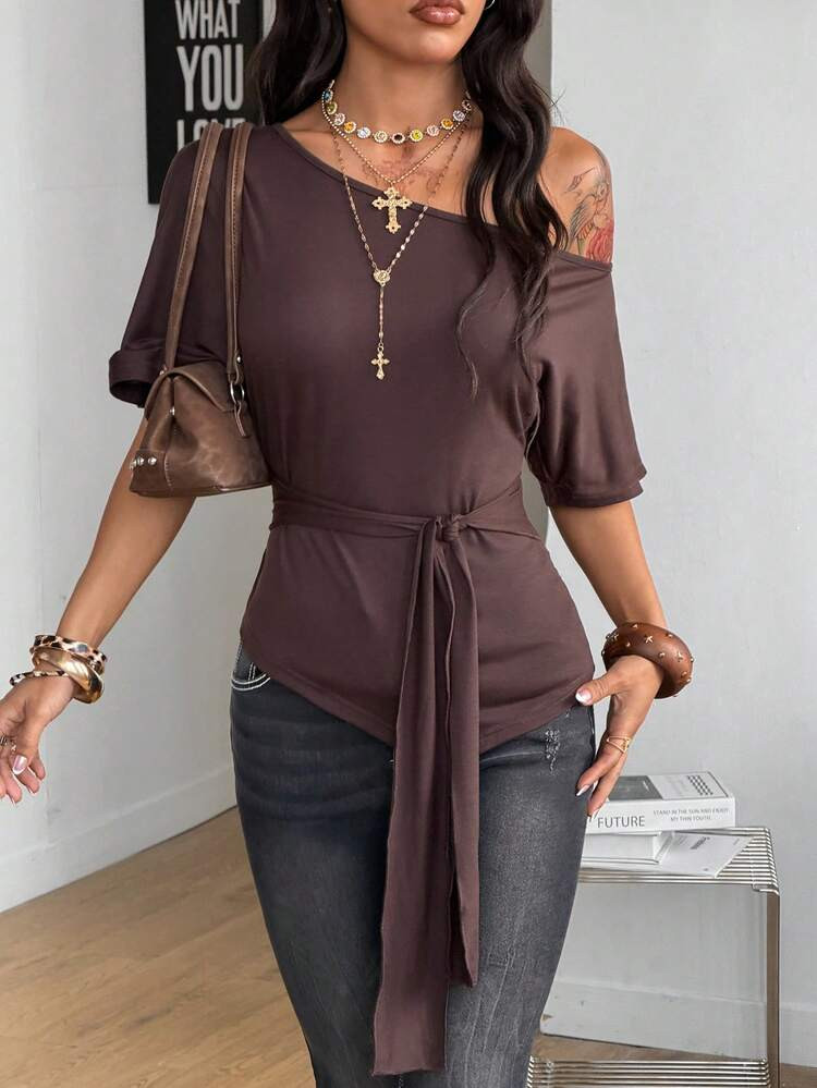 Coolane Women's Summer Y2K Elegant Streetwear Chic Casual Solid Color Asymmetric Neck Straps Tie Waist Brown T-Shirt | SHEIN