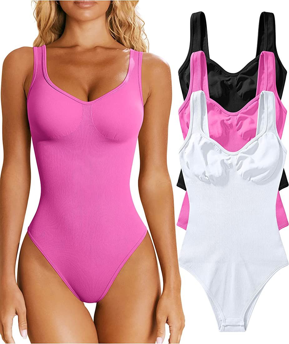 OQQ Women's 3 Piece Bodysuits Sexy Ribbed Sleeveless Shapewear Tank Tops Bodysuits | Amazon (US)