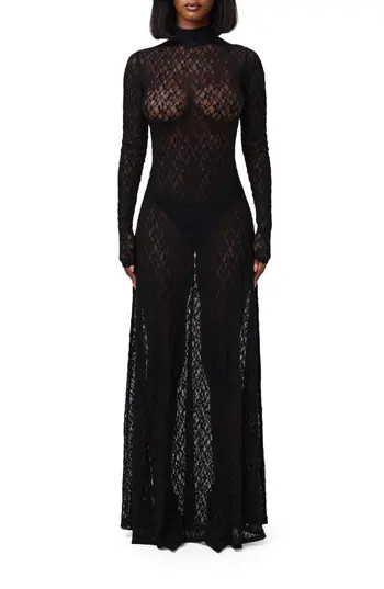 Naked Wardrobe Floral Long Sleeve Stretch Lace Turtleneck Maxi Dress in Black at Nordstrom Rack, Size Large | Nordstrom Rack