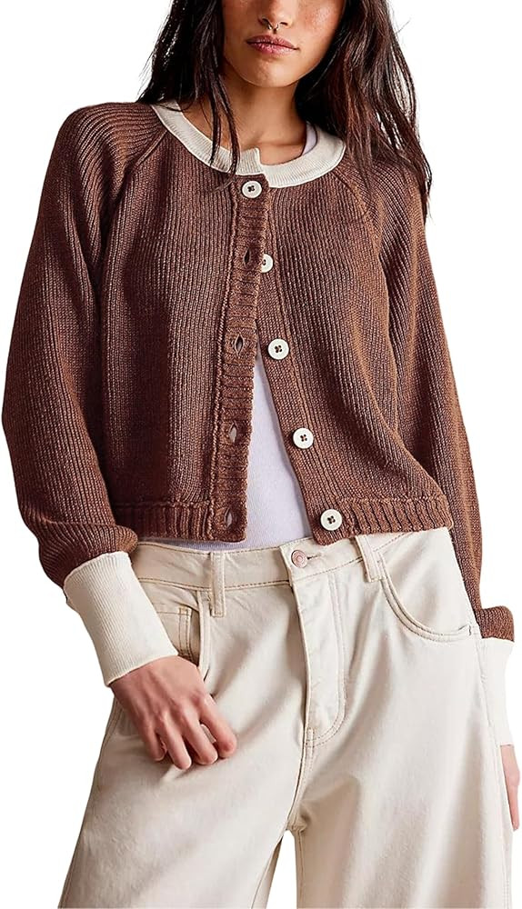 PUWEI Women's Color Block Cardigan Sweaters Button-Up Long Sleeve Cropped Knited Jacket Casual Ro... | Amazon (US)