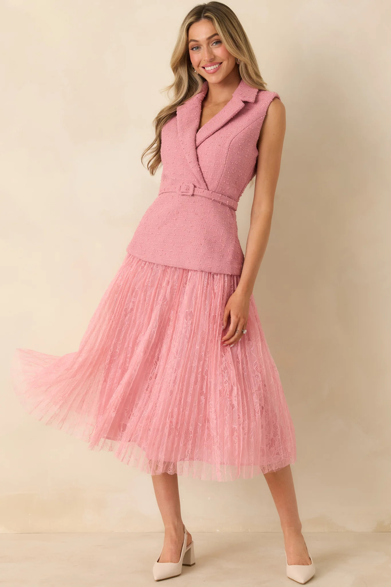 Caught You Smiling Rose Pink Textured Woven Belted Lace Midi Dress | Red Dress