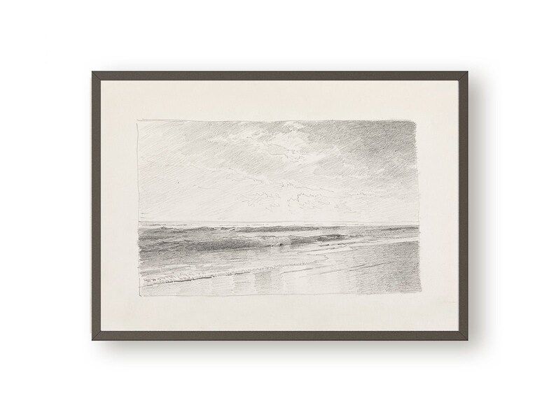 Vintage graphite seascape print, Coastal wall art, Antique beach art sketch | Etsy (US)