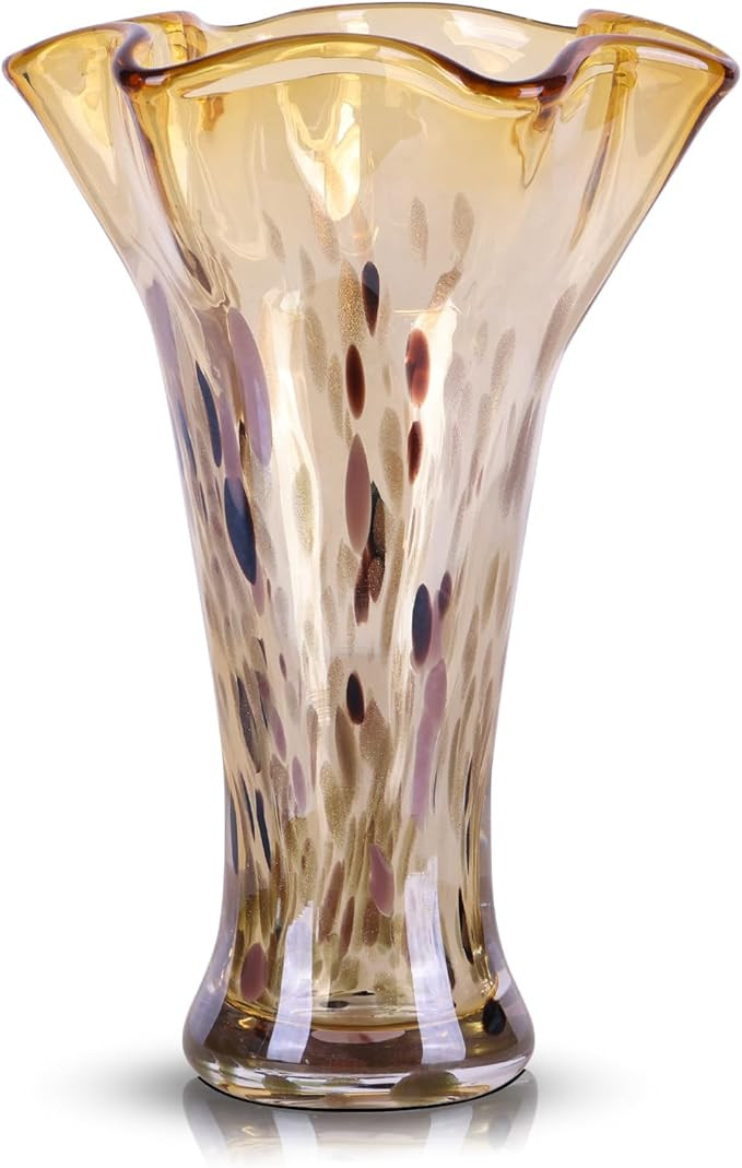 9.0"H Amber Glass Vases for Flowers, Unique Hand Blown Glass Vase Amber Gold Home Decor, Wide Mou... | Amazon (US)