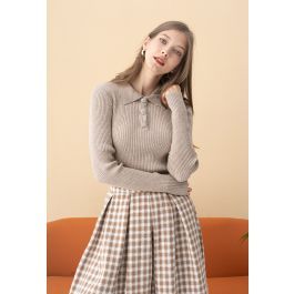 Brooch Button Collared Fitted Knit Top in Linen | Chicwish