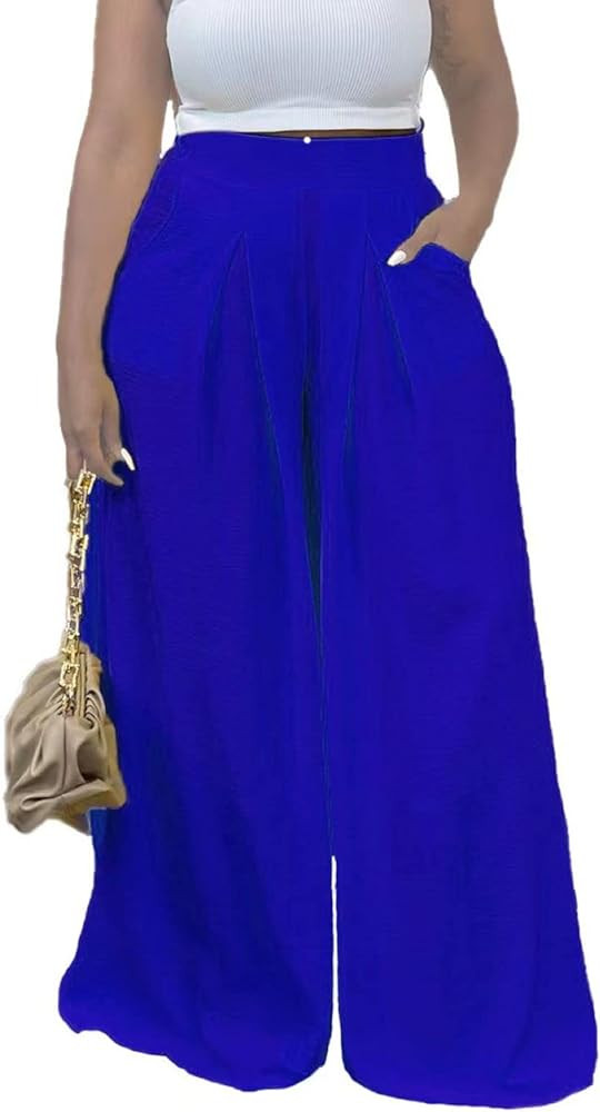 Miiyana Flowy Pants for Women Casual High Waisted Wide Leg Palazzo Pants Trousers with Pocket Plu... | Amazon (US)