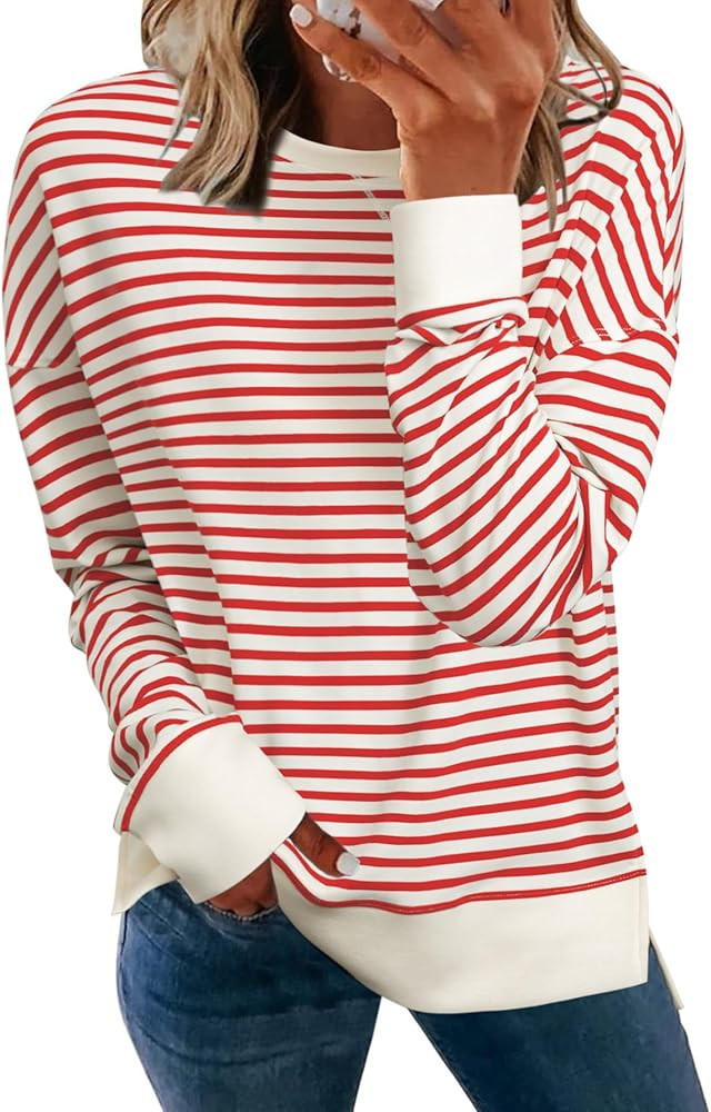 Simplee Womens Sweatshirt Long Sleeve Crewneck Striped Sweatshirt for Women 2024 Trendy Fall Tops... | Amazon (US)