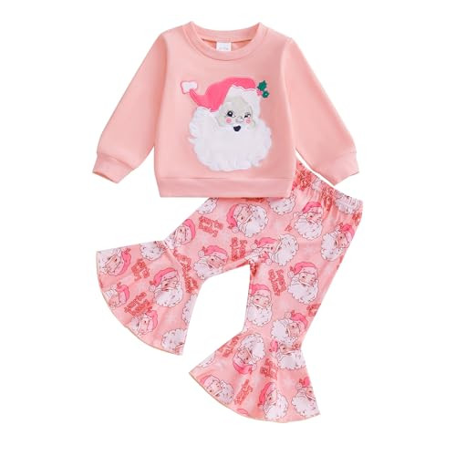 Adobabirl Toddler Baby Girl Christmas Outfit Santa Embroidery Crewneck Sweatshirt and Flare Pants Set Fall Winter Clothes (Pink Santa Baby, 6-12 Months) | Amazon (US)