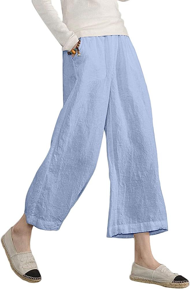 ECUPPER Womens Casual Loose Elastic Waist Cotton Trouser Cropped Wide Leg Pants | Amazon (US)