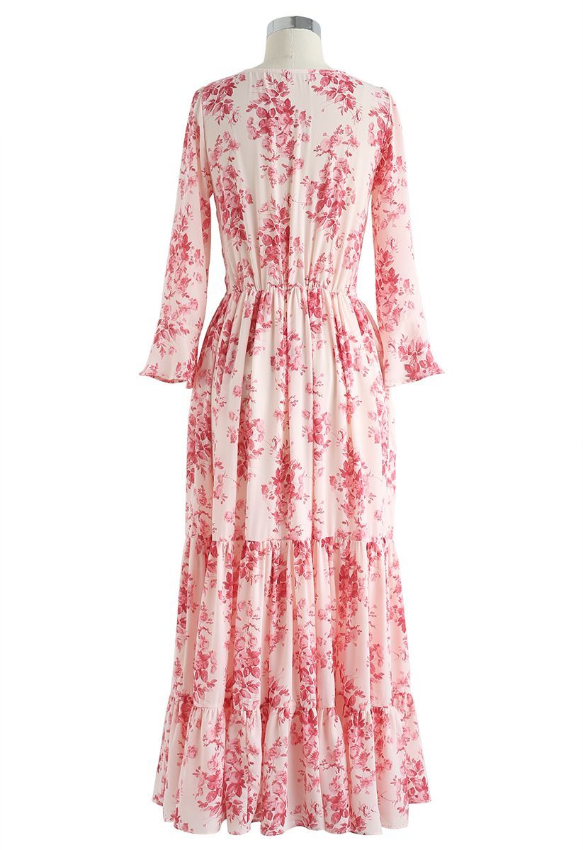 Flounced Cuffs Floral Print Chiffon Wrap Dress | Chicwish