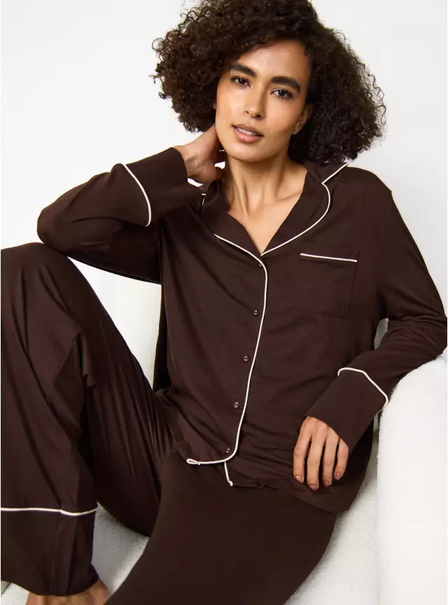 Buy Brown Cream Piping Traditional Pyjamas L | null | Tu | Tu Clothing