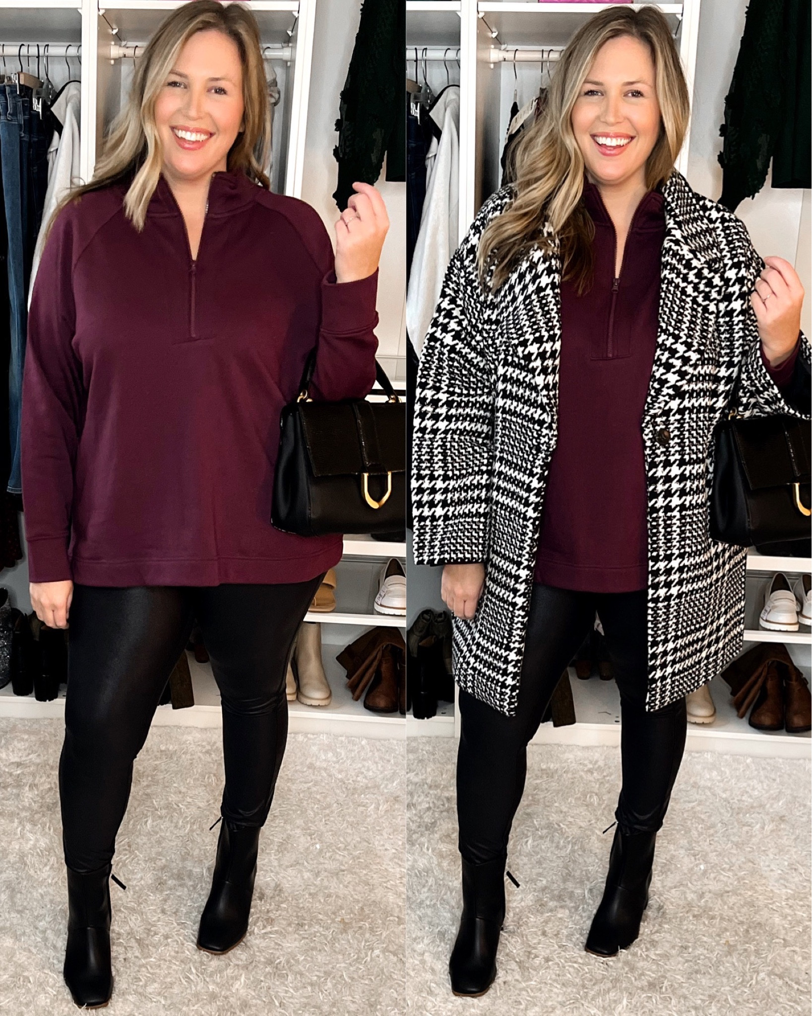 There is something about a simple holiday look. This pullover sweatshirt has now become a staple in my closet - I have it in 3 colors and have been wearing it nonstop with leggings! The length is perfect for me - reminder I am 5’8 and an 18/20, I have it in a 2X and it runs true to size! These faux leather leggings are a perfect budget friendly option! I am super impressed with them. They’re extremely comfy and run true to size, I have them on here in the XXL. This coat is beautiful and warm - can be dressed up or down! Runs generous, I’m in the 18. Love this classic black boot and handbag. 

#LTKcurves #LTKstyletip #LTKSeasonal