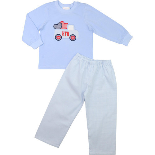 Blue Gingham Hearts And Truck Applique Pant Set | Cecil and Lou