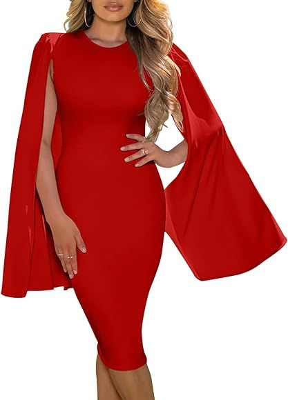 GOBLES Women's Elegant Cloak Long Sleeve Back Zipper Closure Bodycon Midi Cocktail Dress | Amazon (US)