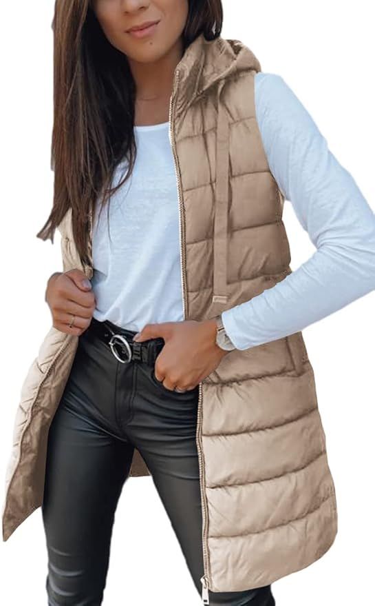 Veatzaer Women Long Vest Solid Color Sleeveless Hood Winter Puffer Vest Outwear | Amazon (US)