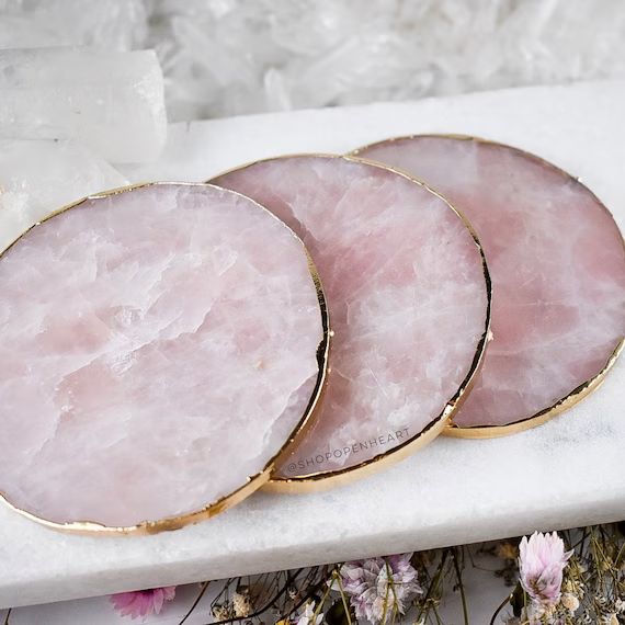 PRE-ORDER! *please read description* Rose Quartz Natural Crystal Coaster with electroplated edge.... | Etsy (US)