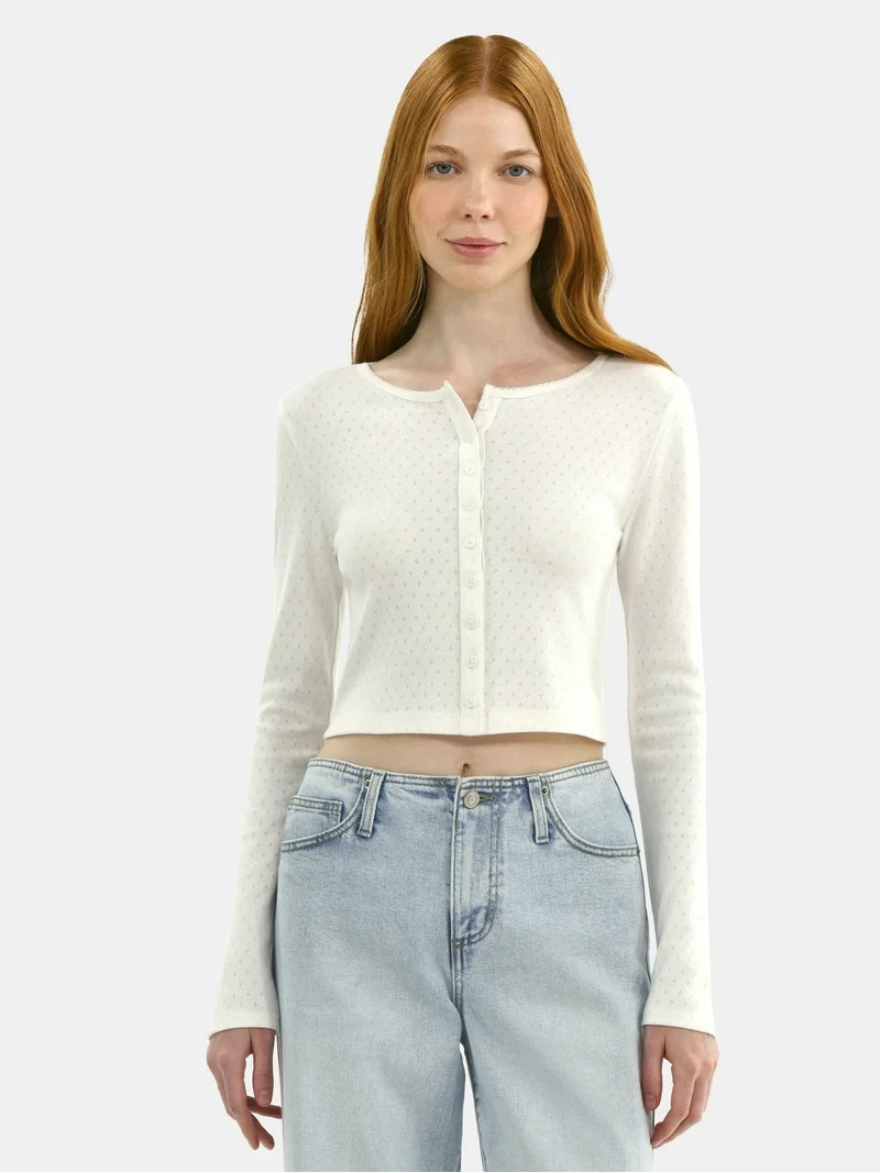 No Boundaries Button-Front Pointelle Cardigan with Long Sleeves, Women's | Walmart (US)