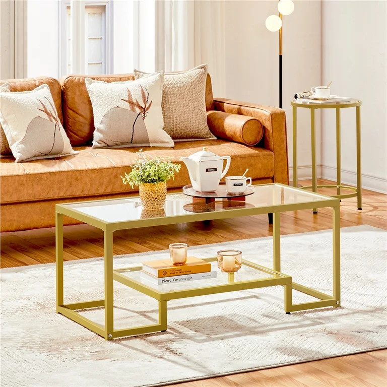 Topeakmart 2-Tire Modern Tempered Glass Coffee Table with Metal Frame for Living Room, Gold | Walmart (US)