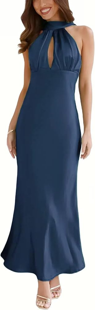2024 Satin Cutout Halter Neck Midi Dress Silk Sexy Sleeveless Backless Empire Waist Formal Dresse... | Amazon (US)