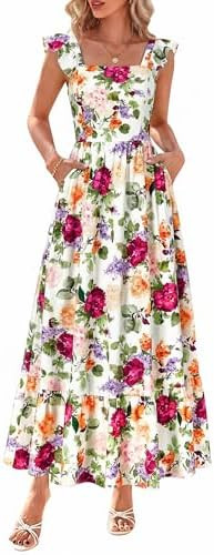 dowerme Womens Summer Dresses 2026 Ruffle Sleeve Square Neck Floral Boho Midi Dress Spring Smocke... | Amazon (US)