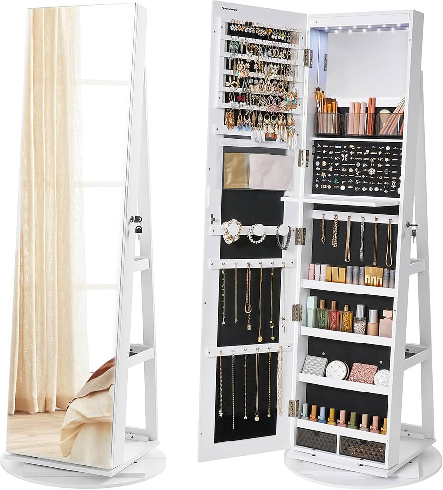 SONGMICS 6 LEDs Lockable Mirror Jewelry Cabinet, 360° Swivel Jewelry Organizer Armoire Standing,... | Amazon (US)